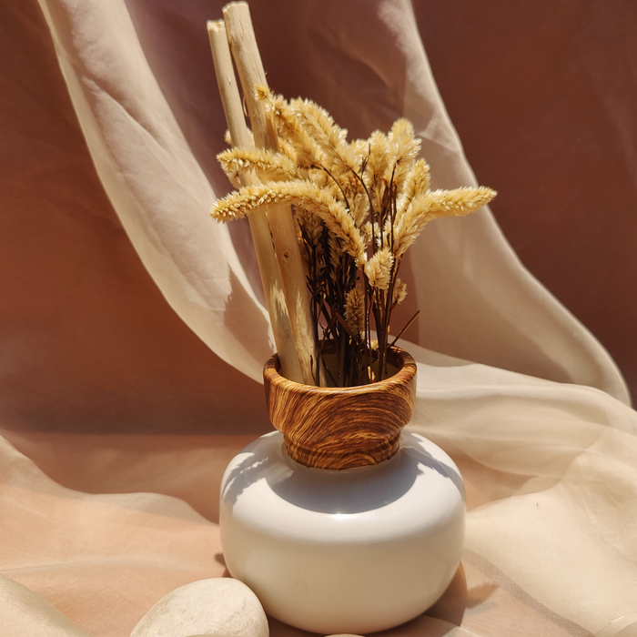 Trio of Wood and Ceramic Vases